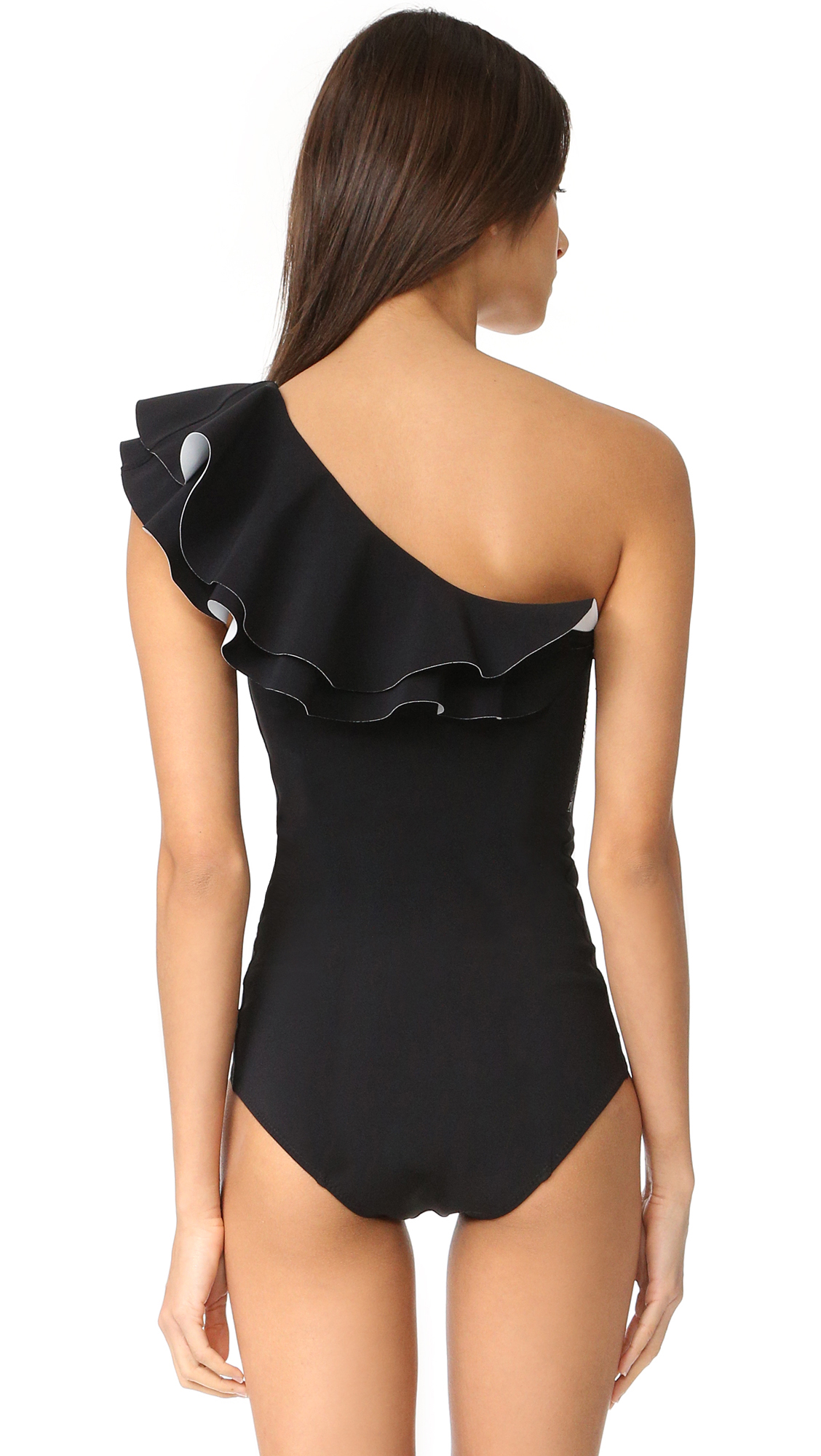 F4718 Layered Ruffle One Shoulder One Piece Swimsuit in Black